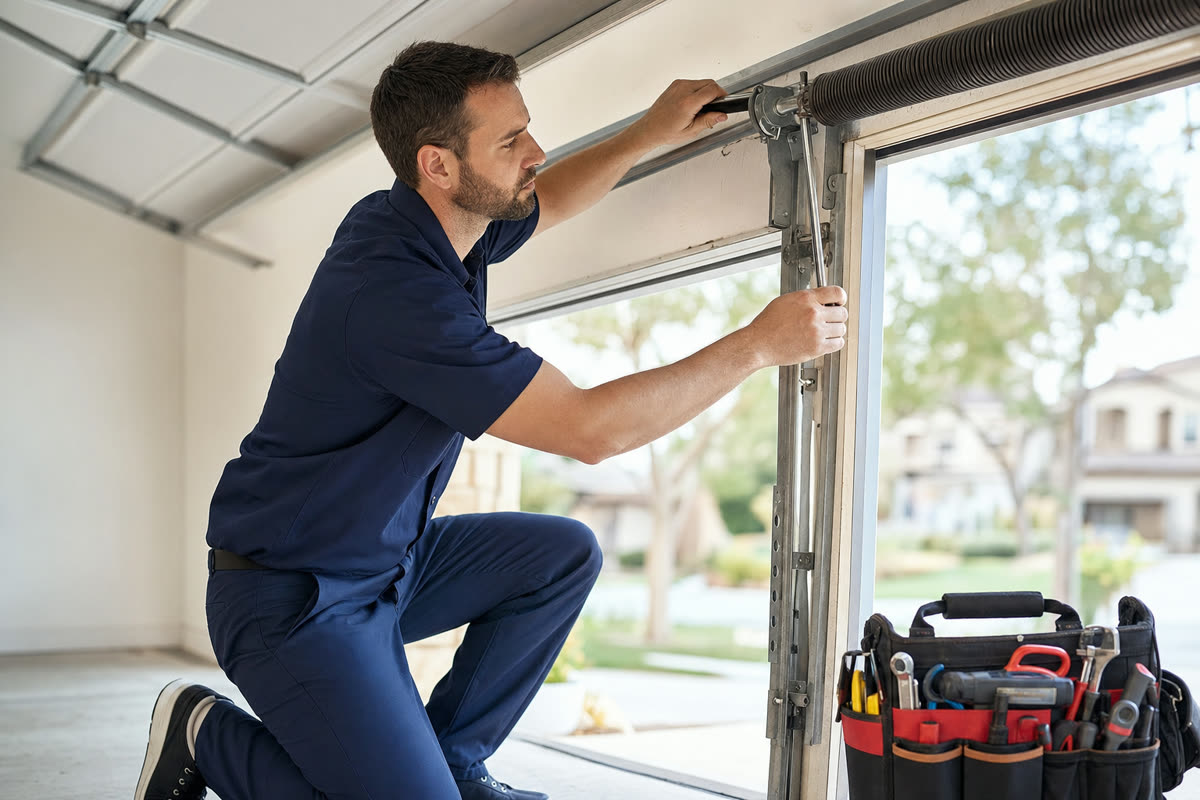 Garage door technician adjusting a torsion spring assembly inside a residential garage
